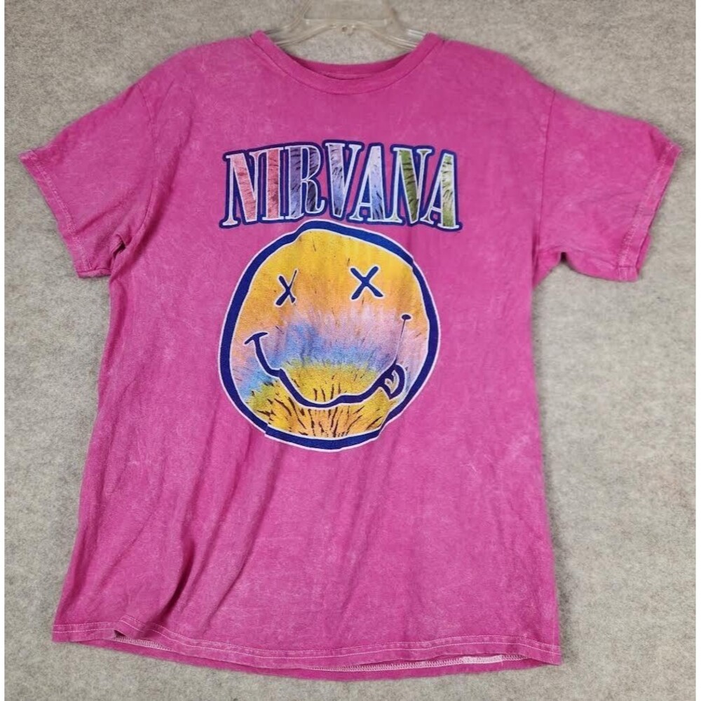 Rare 2010 Nirvana Adult Large Pink Distressed Washed Smiley Face Graphic T Shirt